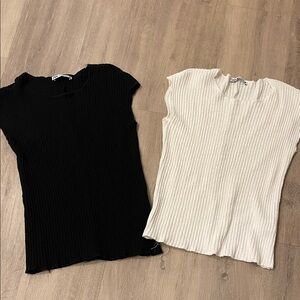 BUNDLE: Zara Black and Cream Ribbed Short Sleeve Tops